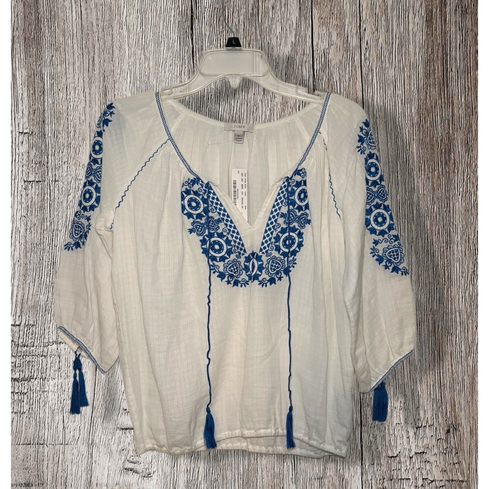 J. Crew- Embroidered peasant white tunic top.  3/4 sleeves with tassel XSUnlined